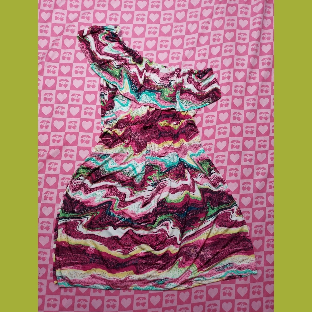 Y2K Green & Purple Off The Shoulder Dress